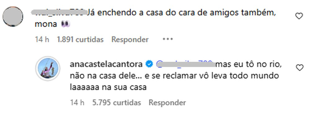 Comentário de Ana Castela em resposta a seguidor sobre comparação com Virginia Fonseca