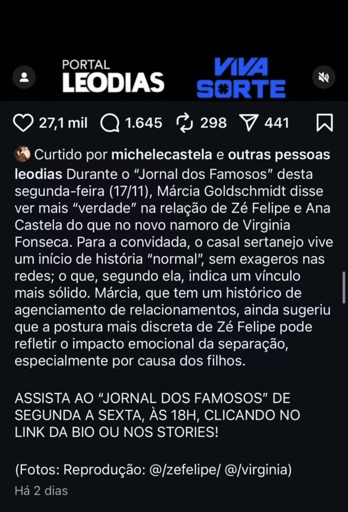 Post curtido pela mãe de Ana Castela