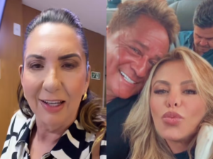 Margareth Serrão, mãe de Virginia, com o cantor Leonardo e a mulher Poliana Rocha