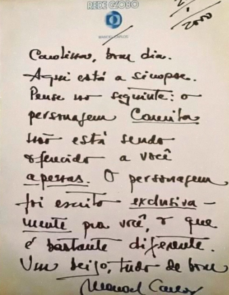 Carta do autor de novelas Manoel Carlos para Carolina Dieckmmann na época da novela Laços de Família