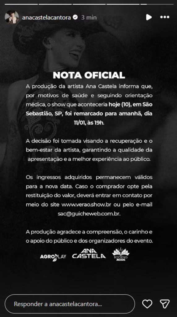 Comunicado sobre cancelamento de show da cantora Ana Castela