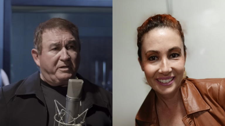 Cantor Amado Batista em estúdio de gravação à esquerda e sua filha, Lorena Batista, sorrindo com jaqueta de couro marrom à direita.