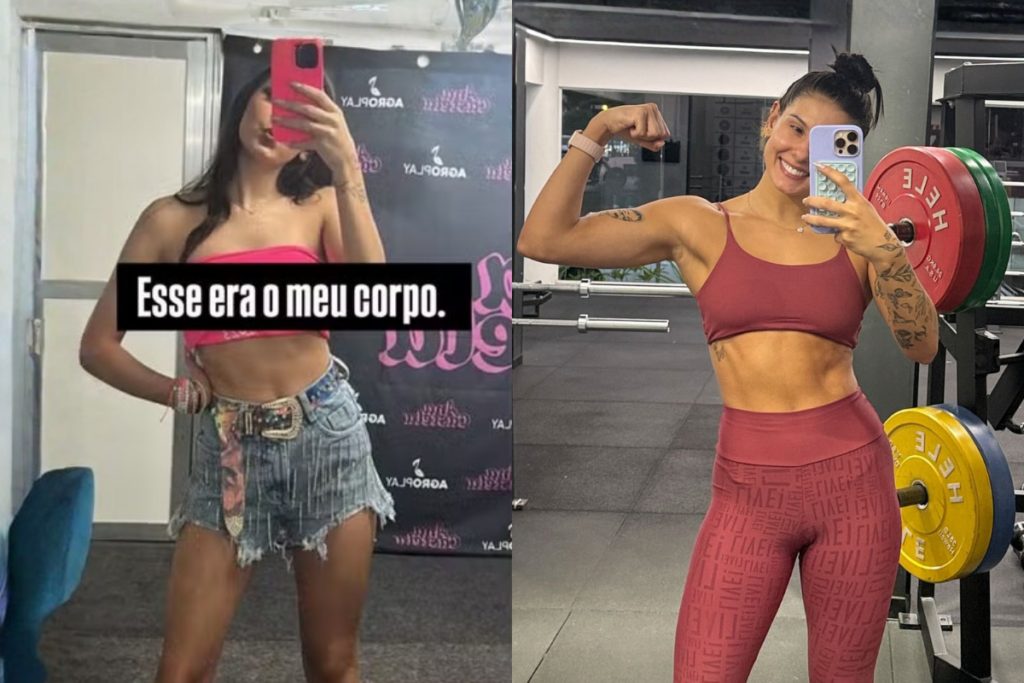 Montagem comparativa da cantora Ana Castela. Na foto da esquerda, ela posa com um top rosa e short jeans, com a legenda sobreposta 