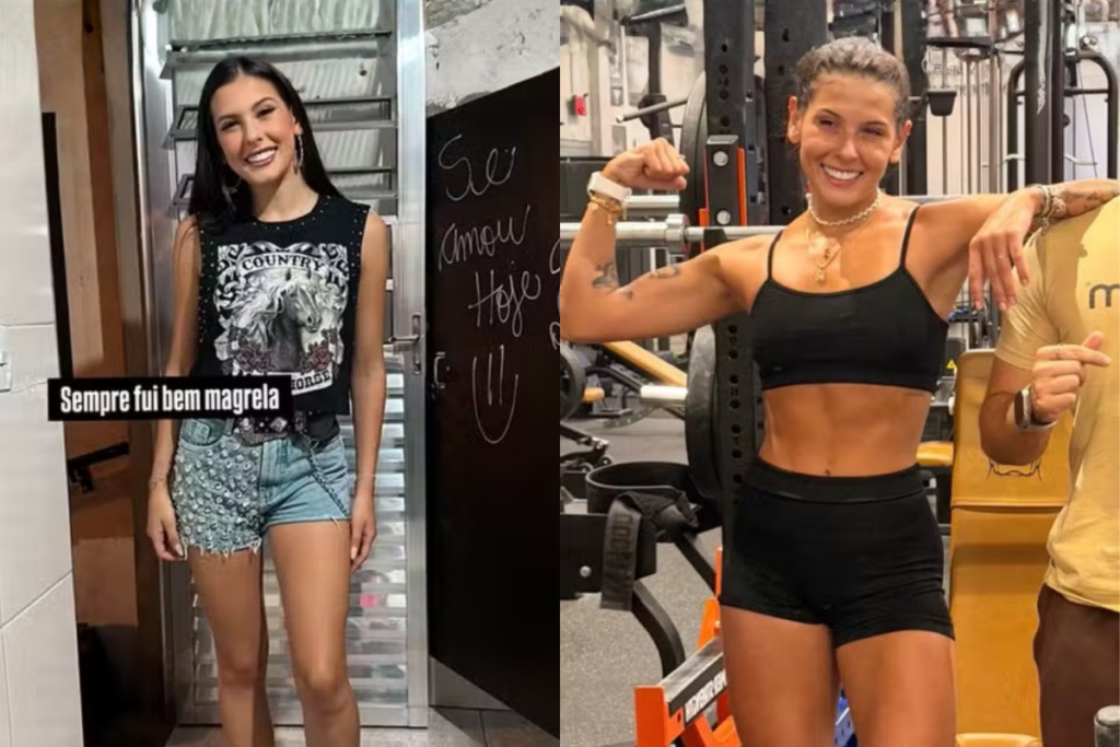 Montagem de antes e depois da cantora Ana Castela. À esquerda, ela aparece sorrindo com silhueta magra, usando blusa preta e short jeans. À direita, Ana Castela posa na academia exibindo braços e abdômen definidos, vestindo top e short de treino pretos.