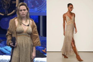 Montagem comparativa dividida ao meio. À esquerda, a participante Ana Paula Renault do BBB 26 usa um vestido longo bege com estampa floral miúda e detalhes em renda no decote. À direita, uma modelo profissional posa com o mesmo vestido da marca Animale, complementando o look com botas de cano alto em tom terroso e óculos escuros.