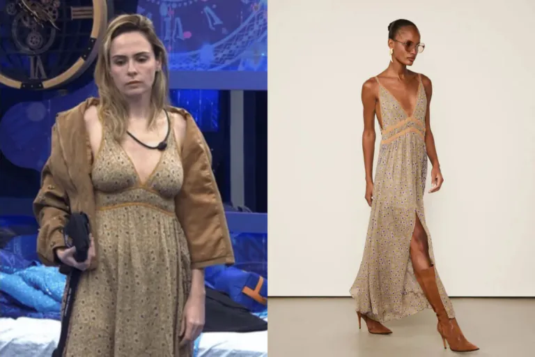 Montagem comparativa dividida ao meio. À esquerda, a participante Ana Paula Renault do BBB 26 usa um vestido longo bege com estampa floral miúda e detalhes em renda no decote. À direita, uma modelo profissional posa com o mesmo vestido da marca Animale, complementando o look com botas de cano alto em tom terroso e óculos escuros.