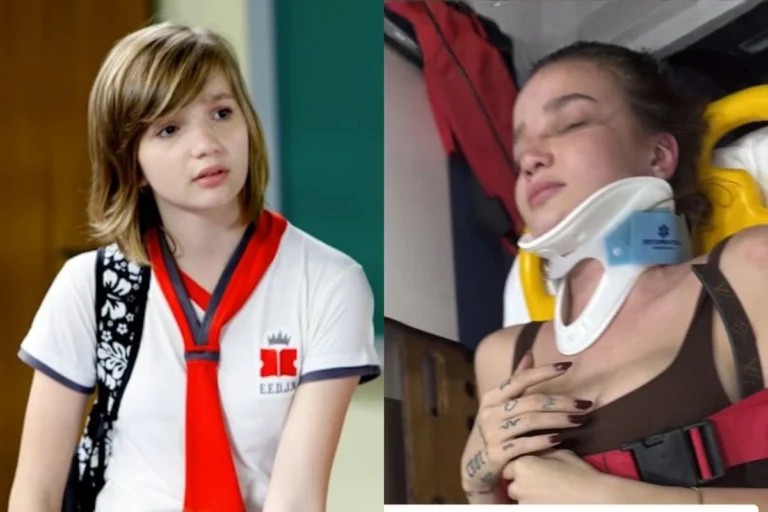 Montagem de fotos com Anna Livya Padilha. Na imagem da esquerda, ela aparece caracterizada como a personagem Menina Fantasma, vestindo uniforme escolar branco com gravata vermelha. Na imagem da direita, ela está com um colar cervical em uma maca dentro de uma ambulância, com os olhos fechados.