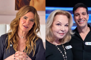 Luciana Gimenez à esquerda, com cabelos ondulados castanhos e blusa preta, em montagem ao lado de sua mãe, Vera Gimenez, e seu irmão, Marco Antônio Gimenez, que sorriem para a câmera.