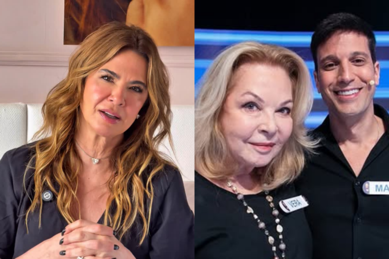 Luciana Gimenez à esquerda, com cabelos ondulados castanhos e blusa preta, em montagem ao lado de sua mãe, Vera Gimenez, e seu irmão, Marco Antônio Gimenez, que sorriem para a câmera.