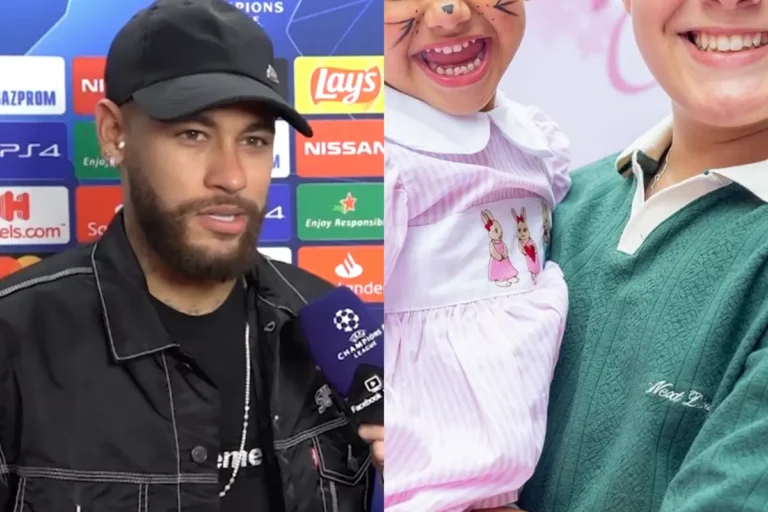 Montagem de duas fotos. À esquerda, Neymar Jr. de boné e jaqueta preta falando ao microfone em uma zona mista de futebol. À direita, detalhe de Davi Lucca segurando Mavie no colo, que está com o rosto pintado de coelho e um vestido rosa de Páscoa.