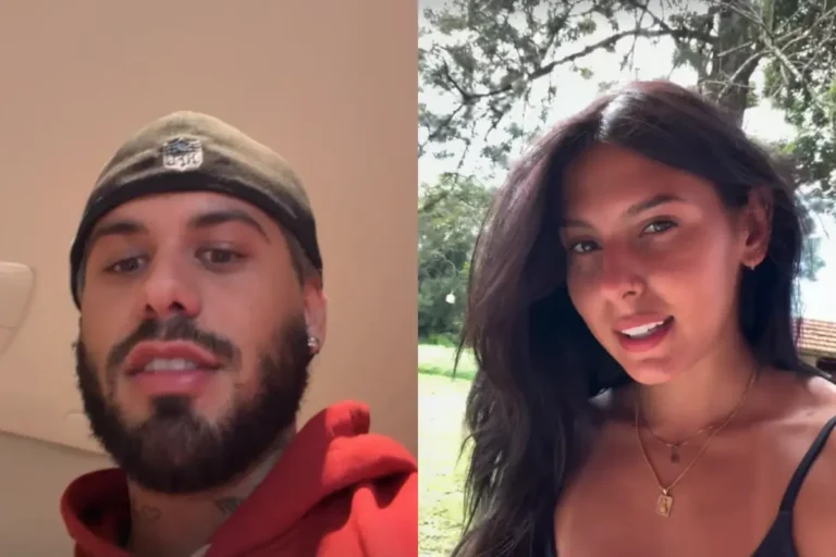 Montagem com fotos de Zé Felipe, à esquerda, usando um gorro marrom com logo da NFL e moletom vermelho, e Ana Castela, à direita, sorrindo em um ambiente externo com árvores ao fundo, usando colares dourados e blusa preta.