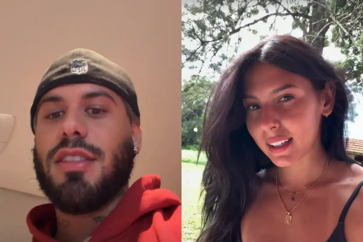 Montagem com fotos de Zé Felipe, à esquerda, usando um gorro marrom com logo da NFL e moletom vermelho, e Ana Castela, à direita, sorrindo em um ambiente externo com árvores ao fundo, usando colares dourados e blusa preta.