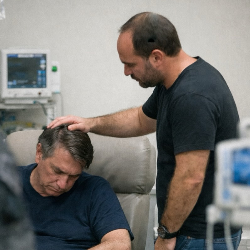 Jair Bolsonaro está sentado em uma poltrona de hospital com os olhos fechados e expressão abatida. Ele veste uma camiseta azul escura. Seu filho, Carlos Bolsonaro, de barba curta e camiseta preta, está de pé ao seu lado e coloca a mão esquerda suavemente sobre a cabeça de Bolsonaro. O ambiente de fundo é clínico, com monitores médicos.