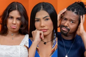 Três fotos lado a lado sobre um fundo laranja. À esquerda, Gabriela, uma mulher branca de cabelos castanhos, faz um bico de chateação. Ao centro, Marciele, uma mulher indígena de cabelos pretos e lisos com brincos de miçangas longos, encara a câmera seriamente. À direita, Leandro, um homem negro de cabelos trançados presos em um coque, expressa preocupação com as mãos na cabeça.