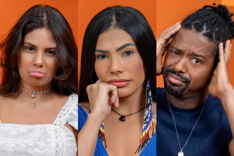 Três fotos lado a lado sobre um fundo laranja. À esquerda, Gabriela, uma mulher branca de cabelos castanhos, faz um bico de chateação. Ao centro, Marciele, uma mulher indígena de cabelos pretos e lisos com brincos de miçangas longos, encara a câmera seriamente. À direita, Leandro, um homem negro de cabelos trançados presos em um coque, expressa preocupação com as mãos na cabeça.
