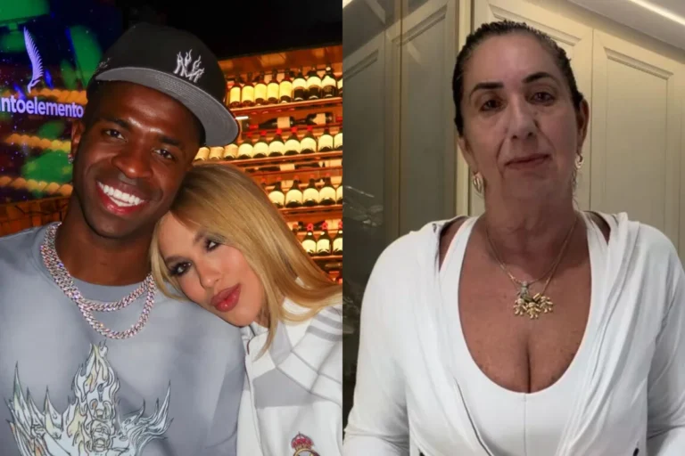 Virginia Fonseca encosta a cabeça no ombro de Vini Jr, que sorri para a câmera usando boné e correntes prateadas. Ao lado, em uma montagem, Margareth Serrão aparece de frente usando uma blusa branca e colar dourado.