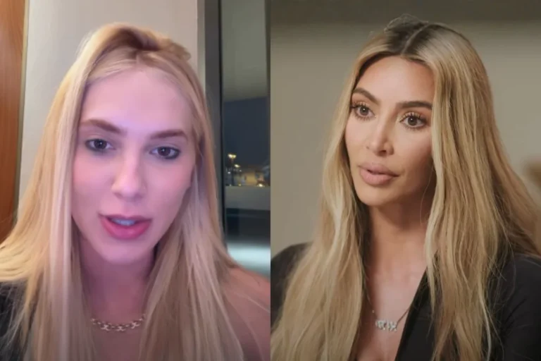 Montagem com duas fotos lado a lado. À esquerda, a influenciadora Virginia Fonseca com cabelos loiros e colar de corrente dourada. À direita, a empresária norte-americana Kim Kardashian com cabelos loiros ondulados, vestindo roupa preta e colar com pingente.