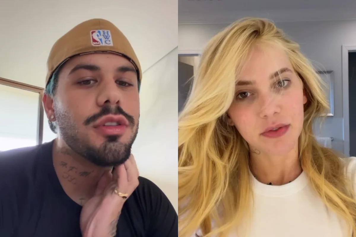 Zé Felipe, homem jovem de barba e boné bege, posa ao lado de Virgínia Fonseca, mulher loira de cabelos longos e ondulados. Ambos aparecem em uma montagem de fotos estilo selfie em ambiente interno iluminado.
