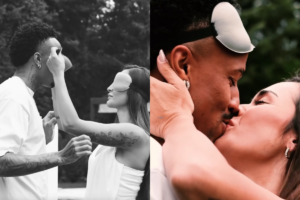 Éder Militão e Tainá Castro em dois momentos de seu chá de revelação. À esquerda, em preto e branco, Tainá coloca uma venda nos olhos de Militão; à direita, em cores, o casal se beija apaixonadamente com as vendas levantadas na testa.