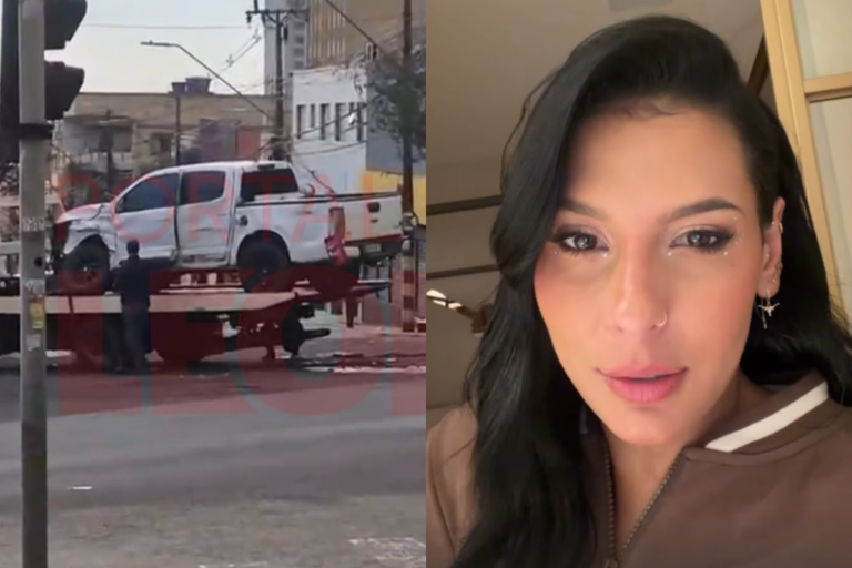 Montagem lateral mostrando, à esquerda, uma caminhonete branca com a lateral dianteira destruída sendo carregada por um caminhão guincho em uma rua de Londrina; à direita, um close do rosto da cantora Ana Castela olhando para a câmera.