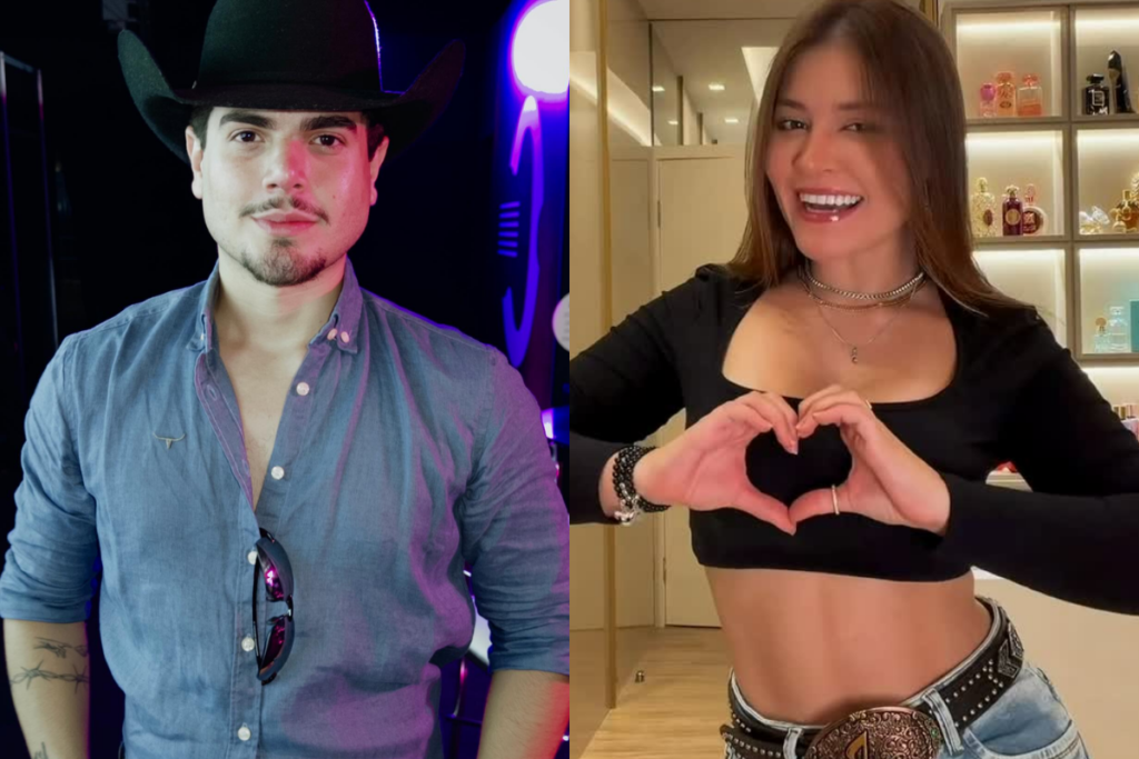 Gabriel Vetuche, à esquerda, veste chapéu de cowboy preto e camisa jeans azul; à direita, Kêmelly Garcia sorri fazendo um sinal de coração com as mãos, vestindo cropped preto e cinto com fivela grande.