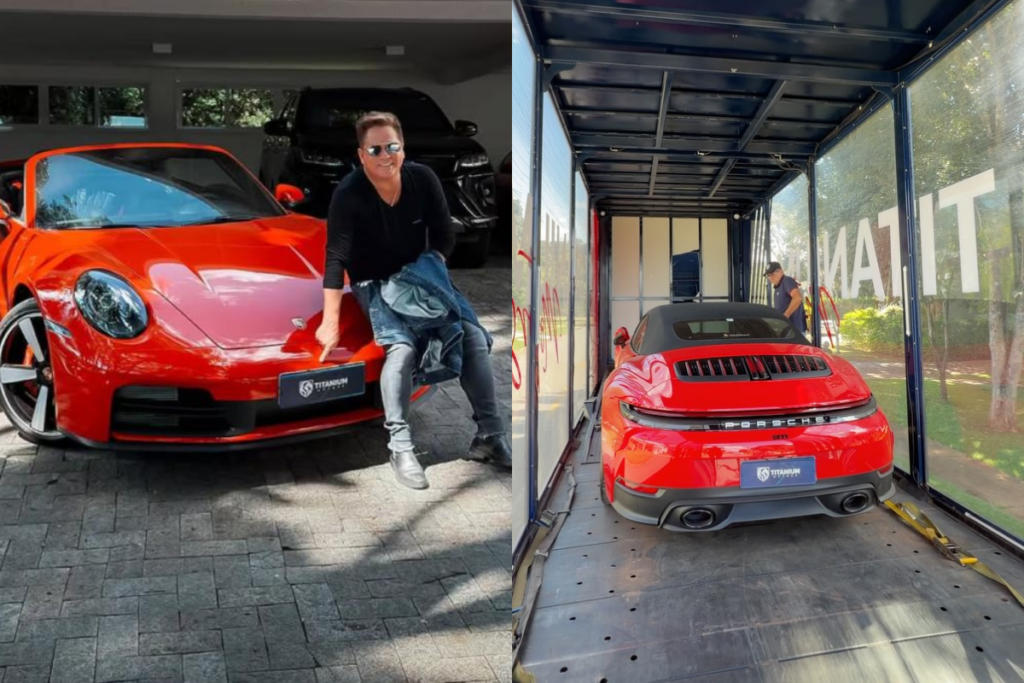 Montagem com duas fotos: à esquerda, o cantor Leonardo sentado no capô de um Porsche 911 vermelho em uma garagem; à direita, o mesmo carro sendo transportado dentro de um caminhão cegonha fechado com paredes transparentes.