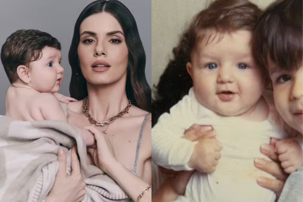 Montagem com duas fotos lado a lado. À esquerda, a atriz Camila Queiroz segura no colo sua filha, Clara, que está envolta em uma manta clara. À direita, um registro antigo mostra Klebber Toledo quando era bebê, destacando a semelhança entre pai e filha.