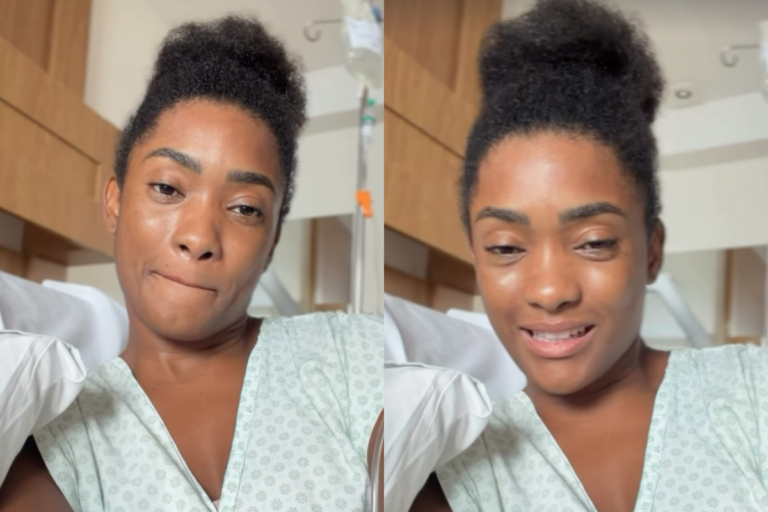 Montagem com duas fotos de Erika Januza em uma cama de hospital. Ela aparece usando camisola hospitalar verde clara com estampas pequenas, cabelos presos em um coque alto e um acesso de soro visível ao fundo. Na imagem da esquerda ela morde os lábios e na da direita ela sorri levemente.