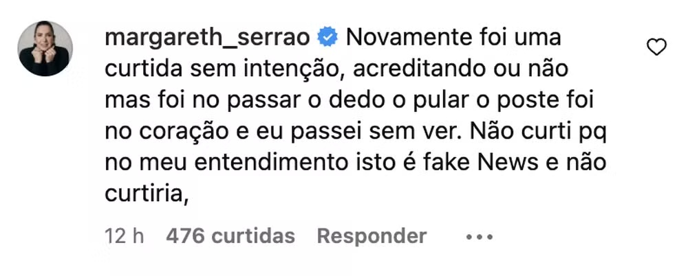 Comentário de Margareth Serrão, mãe de Virginia Fonseca