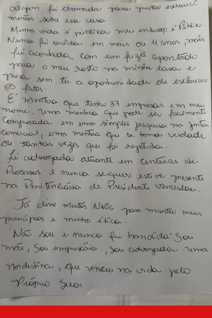 Carta manuscrita a caneta em uma folha de papel branca sem pauta. O texto, escrito com letra cursiva, traz um desabafo de Deolane Bezerra sobre sua prisão, mencionando valores de honorários como advogada e alegando inocência.