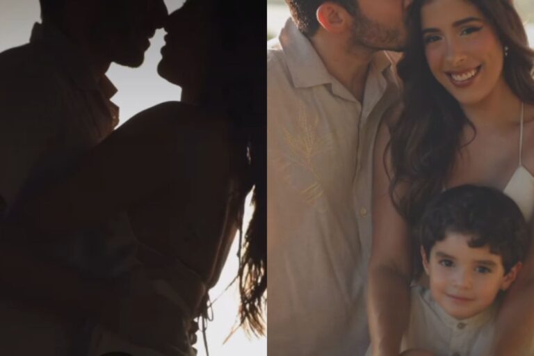 Jonas Esticado e a esposa Bruna Hazin se abraçam em uma silhueta contra a luz e, ao lado, aparecem sorrindo enquanto o cantor beija a cabeça dela, que segura o filho pequeno no colo.