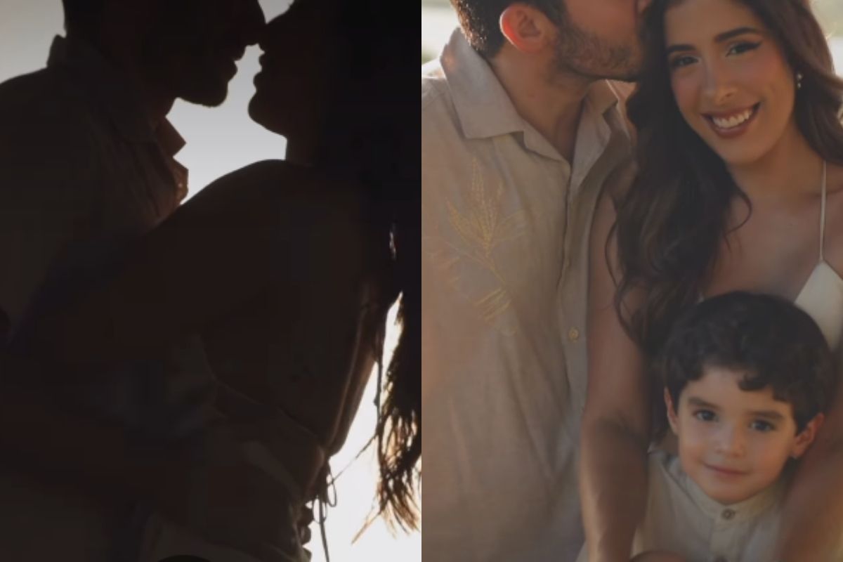 Jonas Esticado e a esposa Bruna Hazin se abraçam em uma silhueta contra a luz e, ao lado, aparecem sorrindo enquanto o cantor beija a cabeça dela, que segura o filho pequeno no colo.