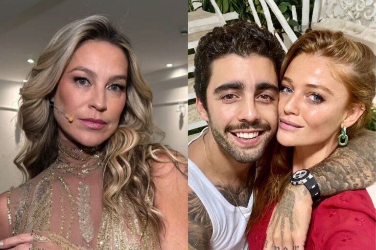 Luana Piovani à esquerda com vestido dourado e microfone de lapela; Pedro Scooby ao centro sorrindo e abraçado com Cintia Dicker, que aparece à direita com cabelos ruivos e blusa vermelha.