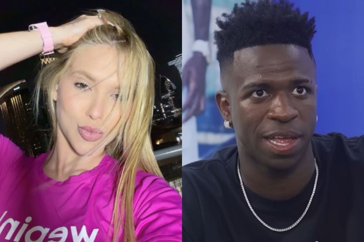 Influenciadora Virginia Fonseca à esquerda, loira, vestindo camiseta rosa choque, com a mão esquerda no cabelo e fundo noturno urbano, ao lado do jogador de futebol Vini Jr à direita, homem negro de cabelo curto estilo degradê, usando camiseta preta e cordão de prata, olhando para o lado em fundo azul.