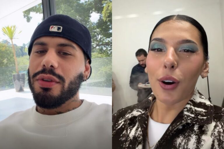 Montagem lado a lado mostrando à esquerda o cantor Zé Felipe com barba, boné preto e camiseta branca em ambiente externo; à direita, a cantora Ana Castela com maquiagem azul brilhante nos olhos e jaqueta estampada em preto e branco.