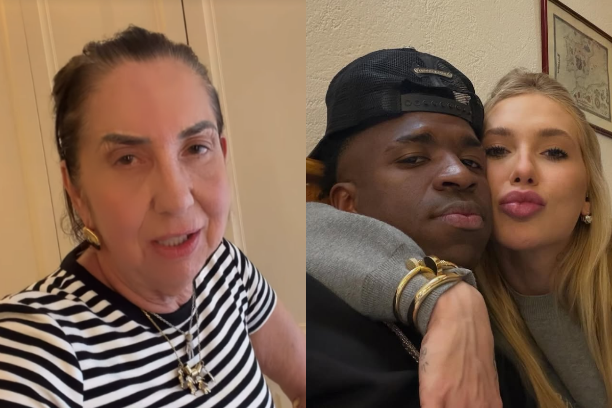 Montagem de duas fotos lado a lado. À esquerda, Margareth Serrão aparece de frente usando uma blusa listrada preta e branca e colares dourados. À direita, o jogador Vini Jr, de boné preto voltado para trás, é abraçado por Virginia Fonseca, que faz biquinho para a foto.