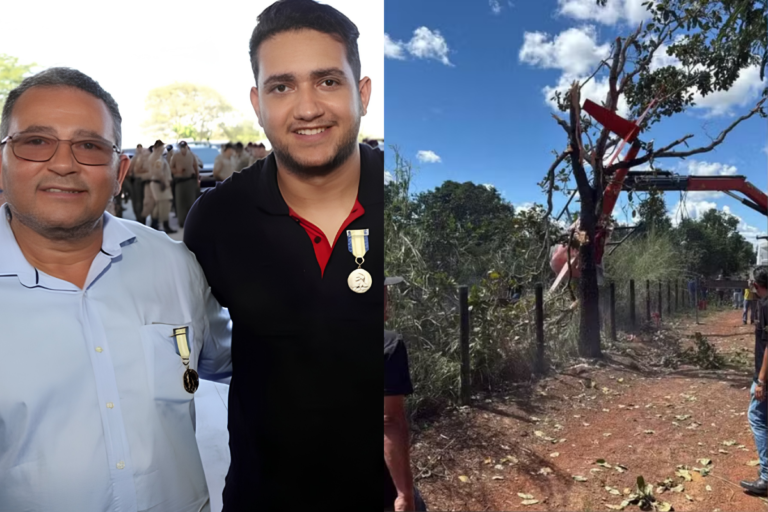 Edson Reis, de óculos e camisa social clara, sorri ao lado do filho Juliano, da dupla Henrique & Juliano, que veste camisa polo preta. Ambos exibem medalhas de honra no peito. À direita, uma imagem dividida mostra os destroços de uma aeronave vermelha presos a uma árvore em uma área de vegetação rústica após um acidente.