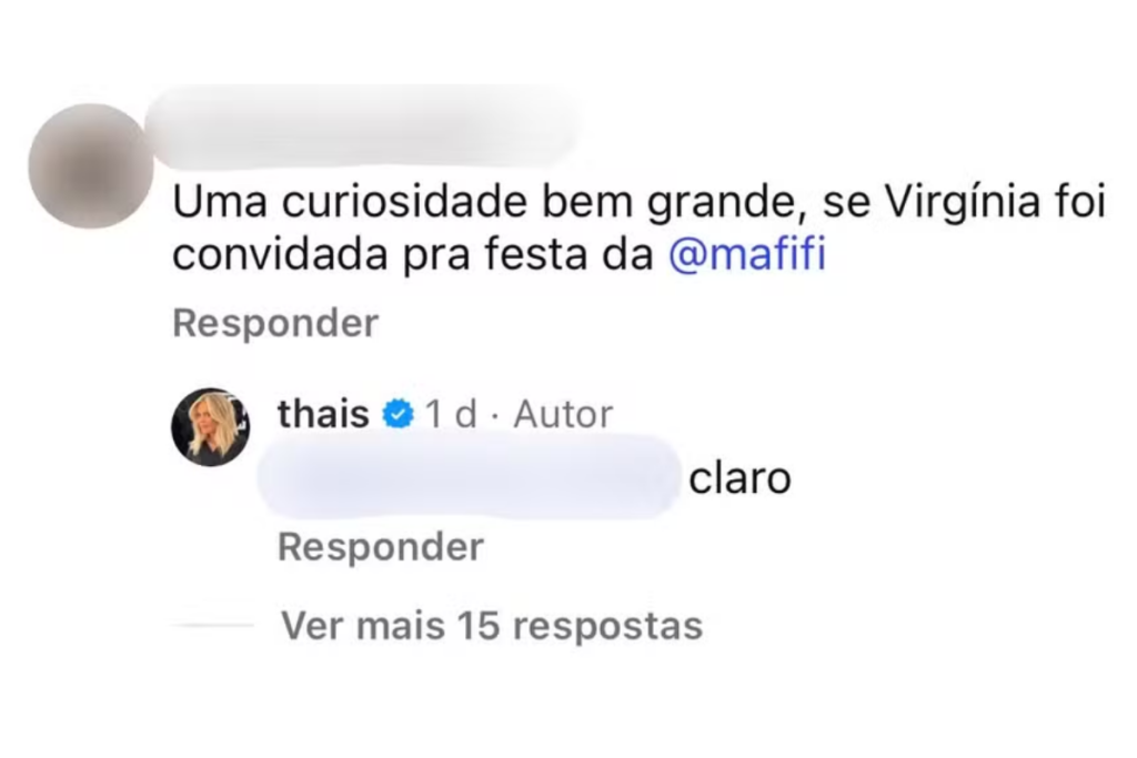 Captura de tela de uma interação no Instagram onde um seguidor pergunta se Virgínia foi convidada para a festa de Maria Sophia, e Thais, nora do cantor Leonardo, responde confirmando com a palavra 