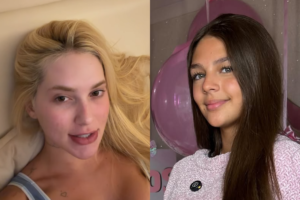Montagem com duas fotos lado a lado: à esquerda, a influenciadora Virgínia Fonseca deitada; à direita, a adolescente Maria Sophia sorrindo em frente a balões rosa.
