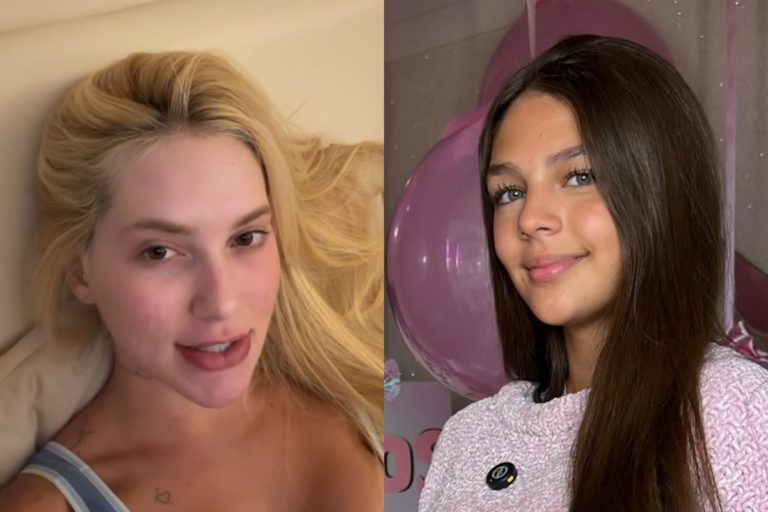 Montagem com duas fotos lado a lado: à esquerda, a influenciadora Virgínia Fonseca deitada; à direita, a adolescente Maria Sophia sorrindo em frente a balões rosa.