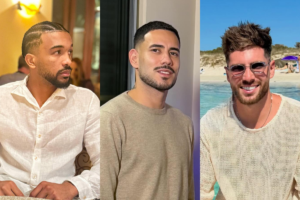 Montagem fotográfica com os jogadores Bremer, Tonny Sanabria e Luca Zidane, cada um em um registro casual diferente.