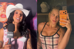 Ana Castela, à esquerda, usando chapéu de cowboy branco e microfone com logo