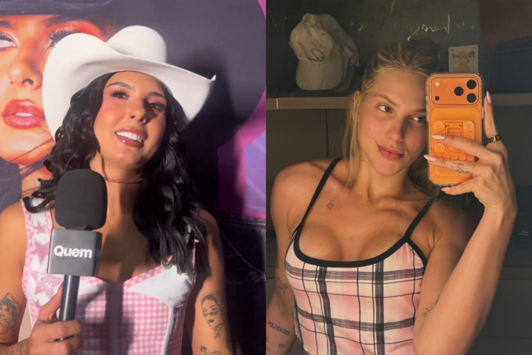 Ana Castela, à esquerda, usando chapéu de cowboy branco e microfone com logo