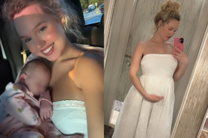 Montagem com duas fotos da influenciadora digital Estee Williams. À esquerda, ela sorri dentro de um veículo enquanto segura um bebê recém-nascido no colo. À direita, ela posa de pé em frente a um espelho, usando um vestido longo branco sem alças, com as mãos suavemente apoiadas sobre a barriga de grávida.