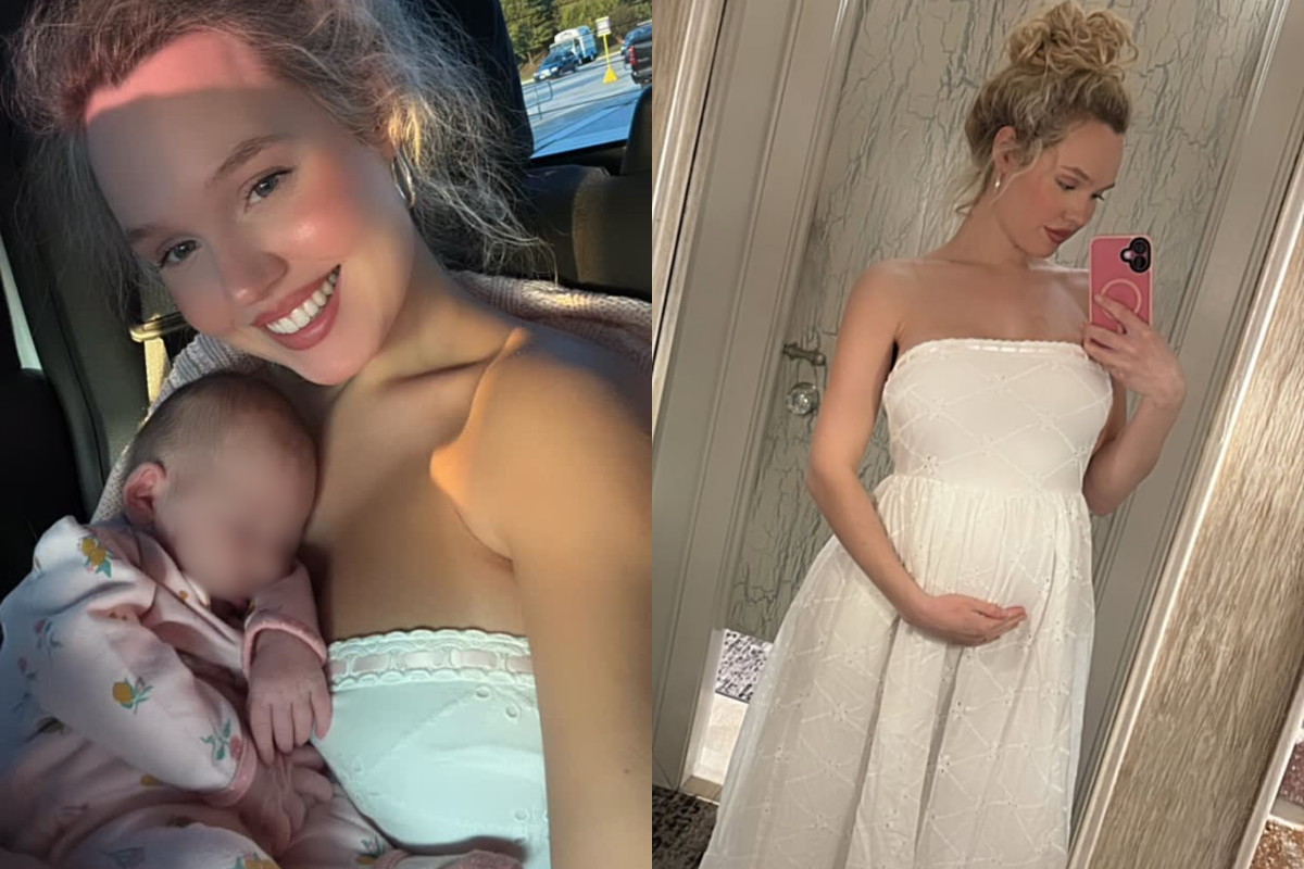 Montagem com duas fotos da influenciadora digital Estee Williams. À esquerda, ela sorri dentro de um veículo enquanto segura um bebê recém-nascido no colo. À direita, ela posa de pé em frente a um espelho, usando um vestido longo branco sem alças, com as mãos suavemente apoiadas sobre a barriga de grávida.