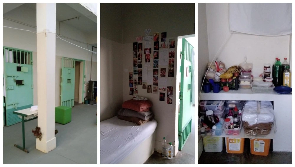 Colagem de três fotos mostrando o interior de uma unidade prisional: à esquerda, um corredor com portas metálicas verdes; ao centro, uma cela com uma cama, roupas de cama e fotos coladas na parede; à direita, uma prateleira de alvenaria organizada com mantimentos, frutas e itens de higiene pessoal.