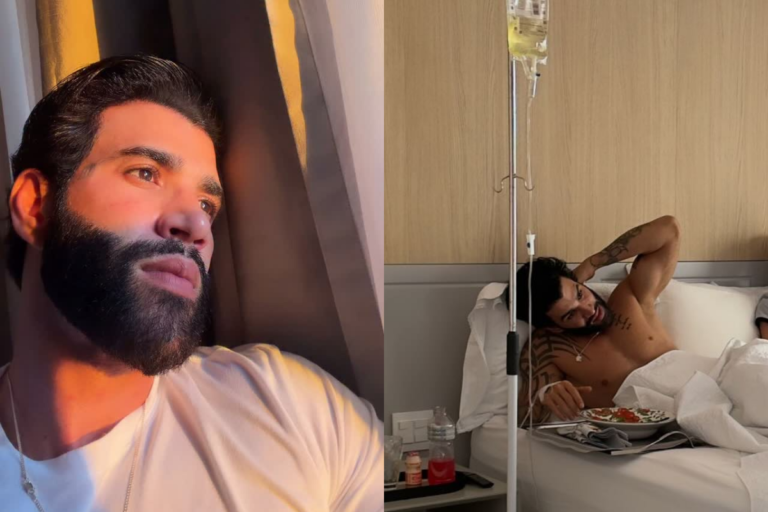 Cantor Gusttavo Lima aparece em close com luz do sol no rosto e, ao lado, deitado em uma cama de hospital com acesso venoso e soro, fazendo refeição.