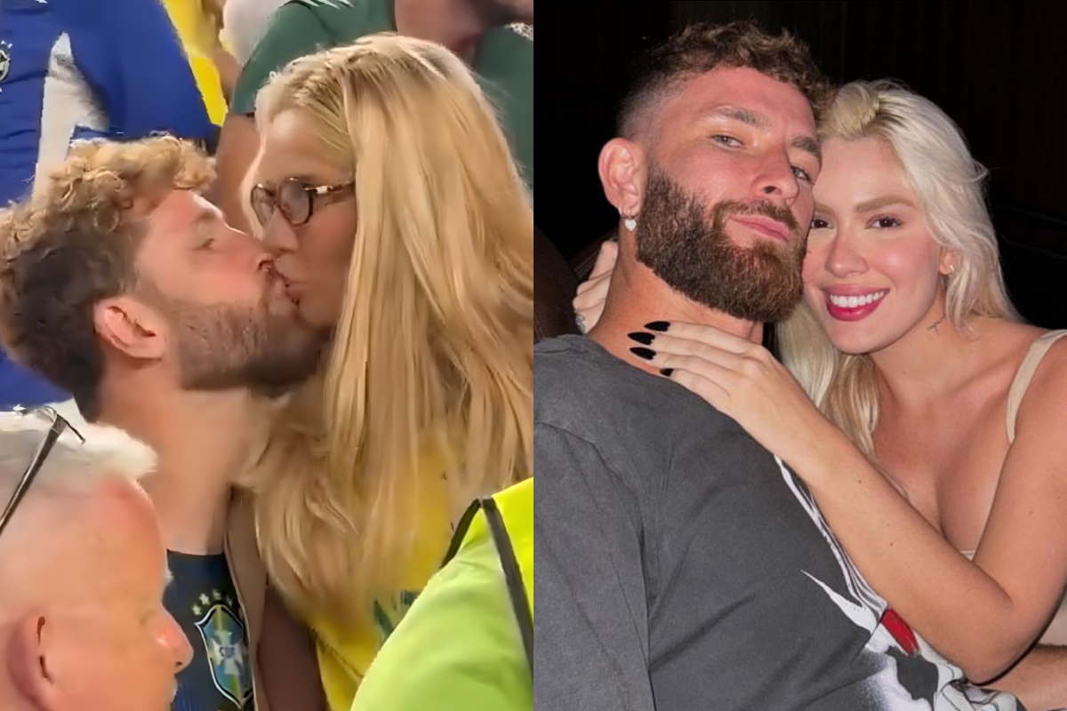 Montagem com duas fotos de Léo Pereira e Karoline Lima: à esquerda, o casal se beija em uma arquibancada; à direita, eles posam juntos abraçados em um ambiente interno.