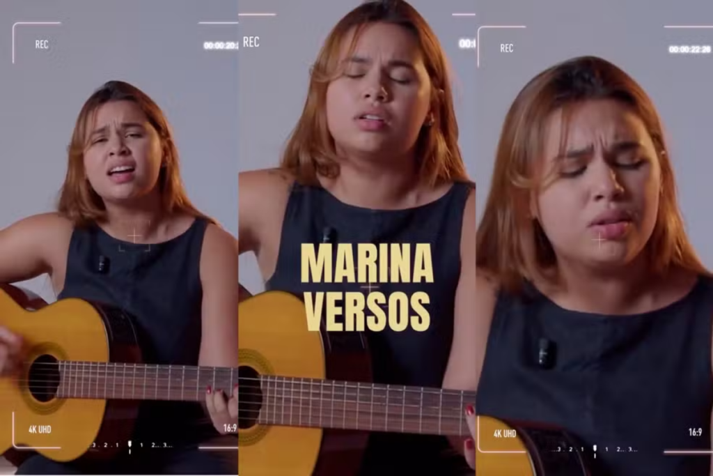 Marina Versos com expressão sorridente, caracterizada com visual semelhante ao da cantora Marília Mendonça, em foto posada para anúncio de produção cinematográfica.