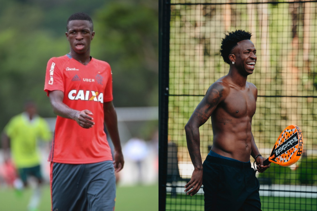 Comparativo de Vinicius Jr. em dois momentos: à esquerda, durante treinamento no Flamengo, e à direita, praticando beach tennis com físico definido.